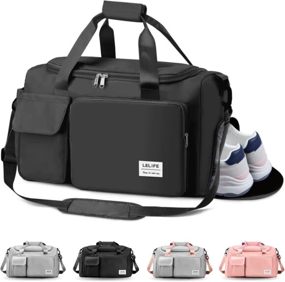 Gym Bag, Travel Bag with Wet Pocket, Portable Overnight Bags for Women, Waterproof Lightweight Holdall Bags for Men, Weekender, Vacation(Black)