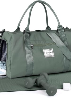 Gym Bag Womens Mens with Shoes Compartment and Wet Pocket,Travel Duffel Bag for Women for Plane,Sport Gym Tote Bag Swim Yoga,Waterproof Weekend Overnight Bag Carry on Bag Hospital Holdalls, Army Green