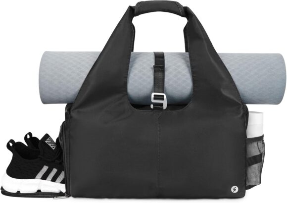 Gym Bag Womens with Shoes Compartment and Wet Pocket Yoga Mat Bag Large with Adjustable Mat Strap Weekend Overnight Tote, Black