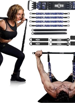 INNSTAR Portable Home Gym Set with Workout Bar, Bench Press Set, Squat Resistance Band, Door Anchor and More-Full Body Workout Equipment to Build Muscle and Shape Body