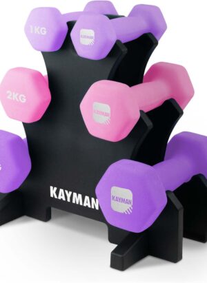 KAYMAN Neoprene Dumbbells with Anti-Slip Grip,Hex Edges,Water-Resistant Surface & Workout Poster-Weight Set for Home, Gym & Fitness (1kg 2kg 3kg 4kg 5kg 6kg 8kg 10kg)