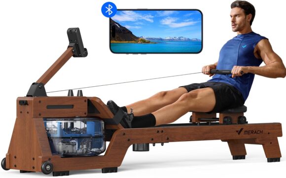 MERACH Water Rowing Machines for Home Gym, Finest Solid Wood Water Rower with 6 Levels of Resistance, 22 L Tank, Built-in Monitor, Max 150 kg Weight Capacity, App Compatible (Water)