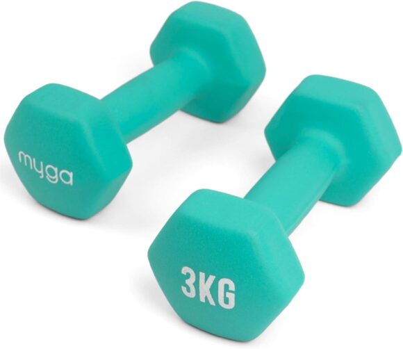 MYGA Hex Dumbbells - Neoprene & Cast Iron Hexagonal Dumbbell Hand Weights for Women and Men at Home & Gym - SINGLE or PAIR - Choice of Weight: 1kg - 10kg