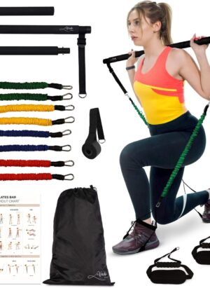 Multifunctional Pilates Bar Kit with Resistance Bands for Women - Pilates Sculpt Bar with 4 Sets of Resistance Bands, Door Anchor, 2-in-1 Handle and Wider Foot Loop - Stretched Fusion Pilates Bar