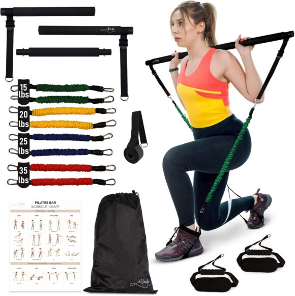 Multifunctional Pilates Bar Kit with Resistance Bands for Women - Pilates Sculpt Bar with 4 Sets of Resistance Bands, Door Anchor, 2-in-1 Handle and Wider Foot Loop - Stretched Fusion Pilates Bar