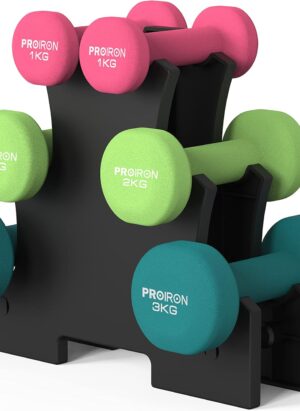 PROIRON Anti-Slip Neoprene Dumbbell Pair 1kg 1.5kg 2kg 3kg 4kg 5kg 6kg 7kg 8kg 10kg and Weights Set (1 kg/2 kg/3 kg Pair with Stand) for Women Men Gym Home Exercise Arm Hand-Macaron Colors