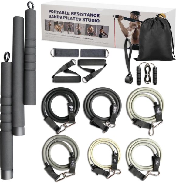 Pilates Bar Kit with 6 Resistance Bands Set of 270lbs, Skipping Rope,Manual and Storage bag for home & gym workout in heavy resistance training, physical therapy & body shaping.