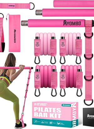 Pilates Bar Kit with Resistance Bands, Pilates Workout Equipment for Legs, Hip, Waist, Arm, Squats Exercise Equipment for Home Workouts, Adjustable 3-Section Pilates Bar Kit for Women & Men