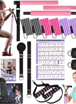 Portable Pilates Bar and Resistance Band Bar with Handles, Includes Door Anchors, Ankle Strap and Extension Straps - with Fitness Posters and Videos