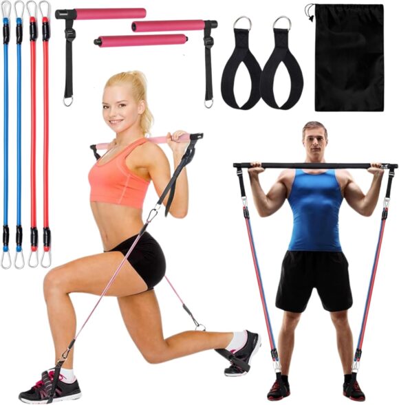 Portable Pilates Bar with 4 Resistance Bands, Foldable Fitness Bar for Home Gym and Travel, Includes Ankle Strap, Handles and Carrying Bag
