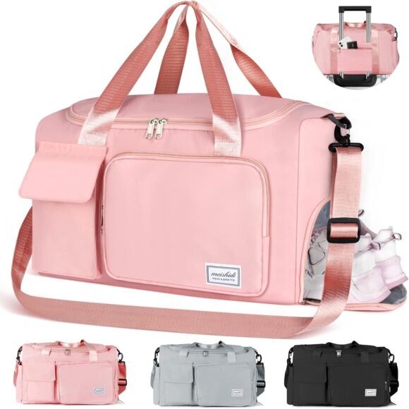 Sport Gym Bag for Women Men, CS COSDDI Duffle Bag with Shoes Compartment, Weekend Travel Bag Overnight Bag with Trolley Sleeve, Waterproof Lightweight Holdall Bags Dry & Wet Seperated Luggage Bags