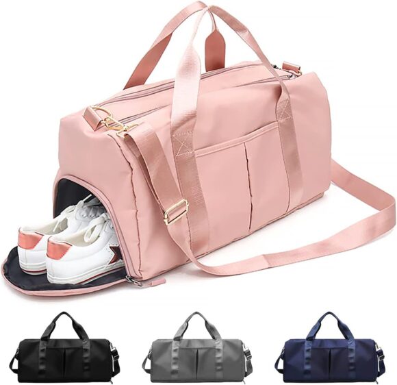 TechyFit Sport Gym Bag - Duffel Bag with Shoe Compartment, Foldable Training Handbag for Men and Women, Yoga, Travel, Overnight Weekend Shoulder Bag, Waterproof Dry-Wet Separated Bags (Pink)