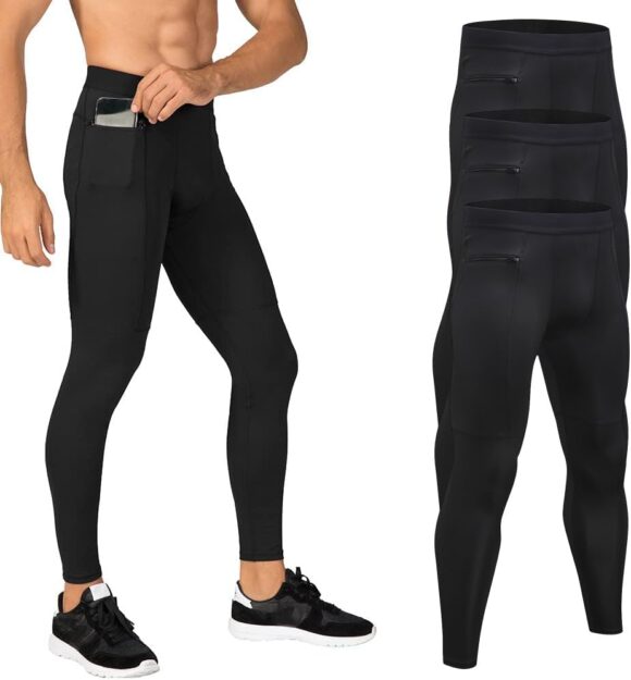 Yuerlian Mens Compression Activewear Leggings Cool Dry Sport Training Pants Running Gym Workout Tights with Zip Pockets