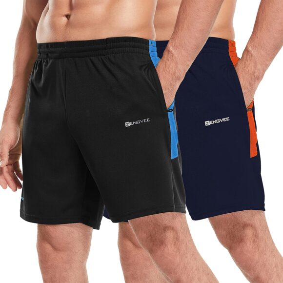 ZENGVEE 2 Pack Men's Running Shorts Gym Athletic Shorts with Zip Pockets Quick Dry Sport Workout Shorts for Fitness,Jogger,Trainning