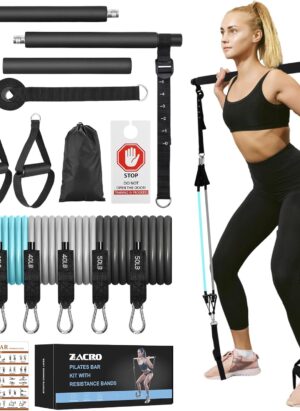 Zacro Pilates Bar Kit with Resistance Bands, 3-Section Pilates Bar with Adjustable Strap, Door Anchor, Handles and Foot Strap, Portable Home Gym Pilates Resistance Bar Kit for Full Body Workouts